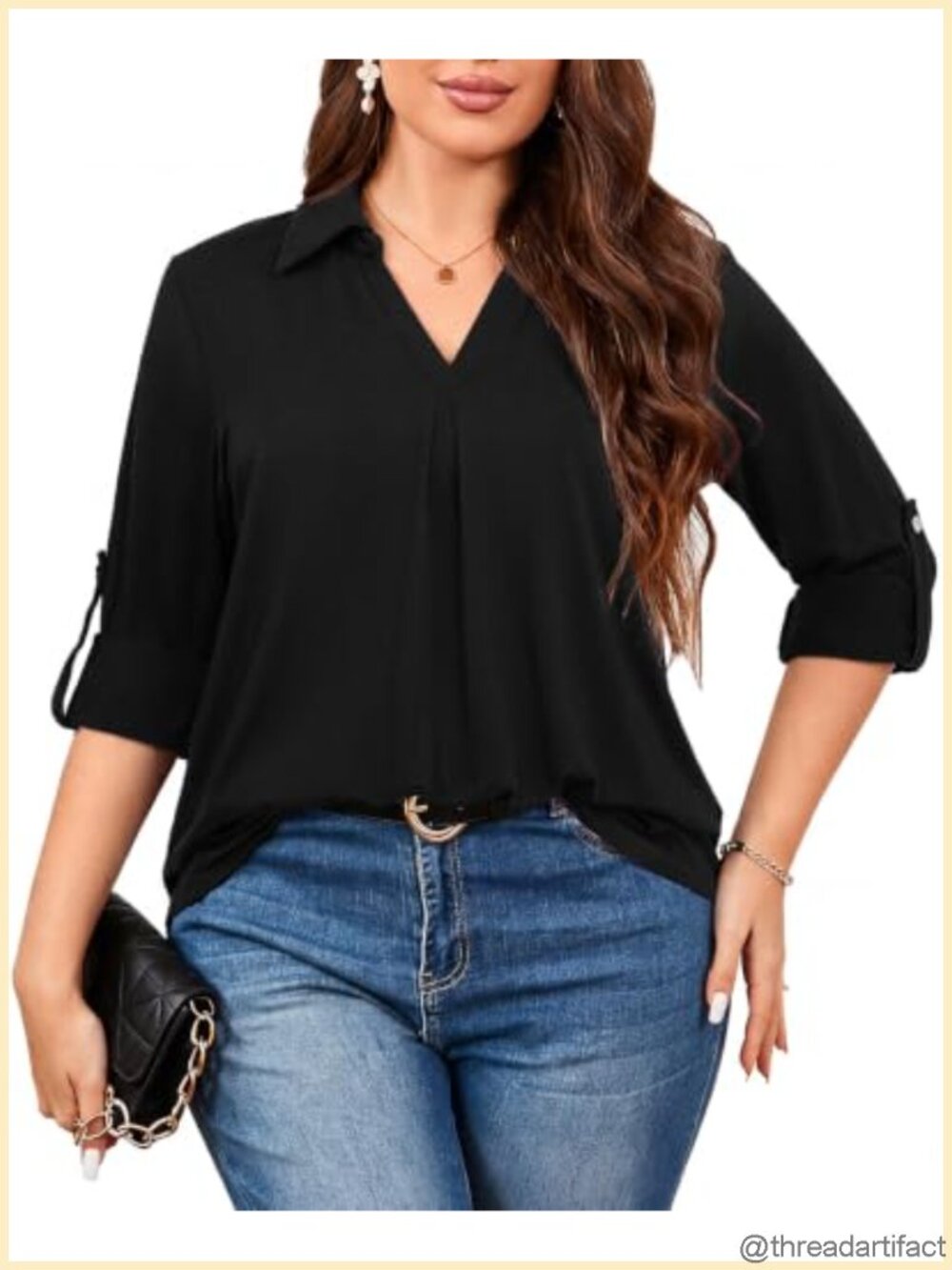 Women's Plus Size 3/4 Sleeve Tunic Blouse Lapel V Neck Business Casual Top
